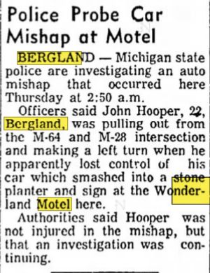 Lake Gogebic Motel (Wonderland Motel) - July 1969 Accident